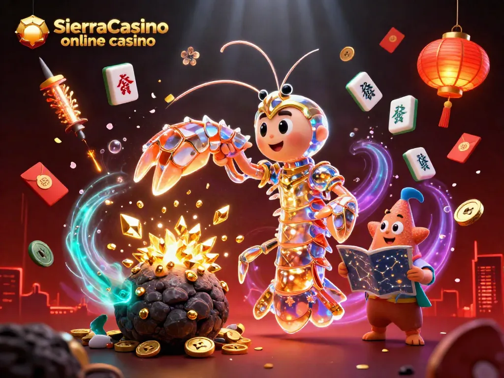 SierraCasino online casino showcases a galactic samurai mantis shrimp in action, with explosive gems and vibrant casino elements.