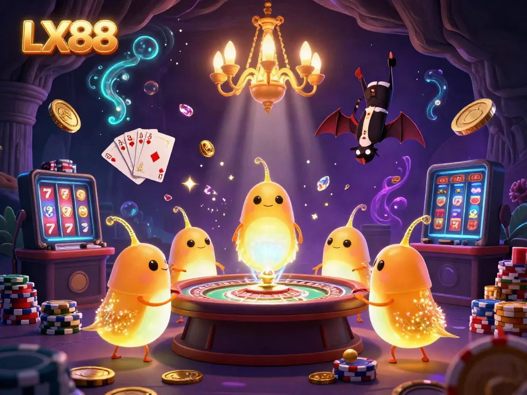 Experience the vibrant LX88 casino atmosphere with glowing worms and a bat dealer amidst sparkling treasures.