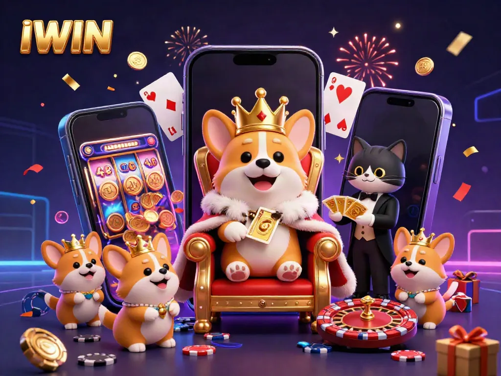 IWIN celebrates with a royal corgi in a golden crown, surrounded by lively casino elements and festive confetti.