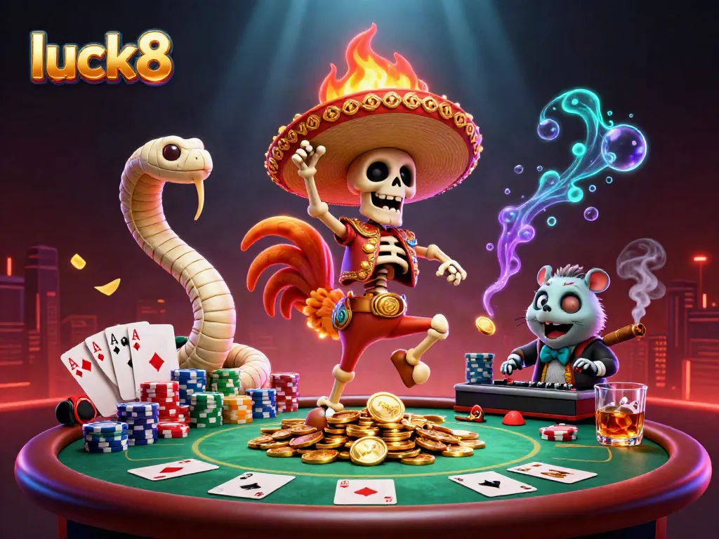 Celebrate big wins with luck8 as a lively mariachi rooster dances on golden coins.
