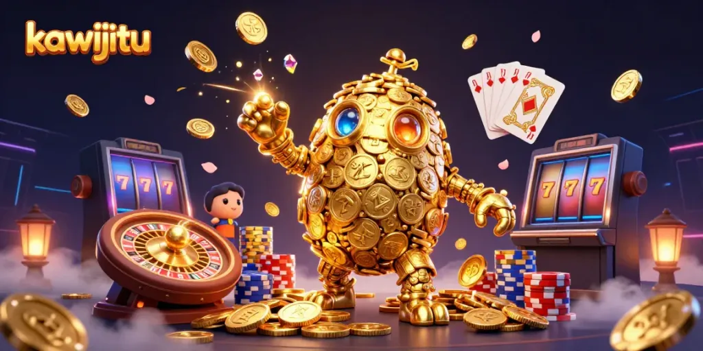 Experience the thrill with kawijitu as cascading coins and vibrant poker elements bring luck alive.