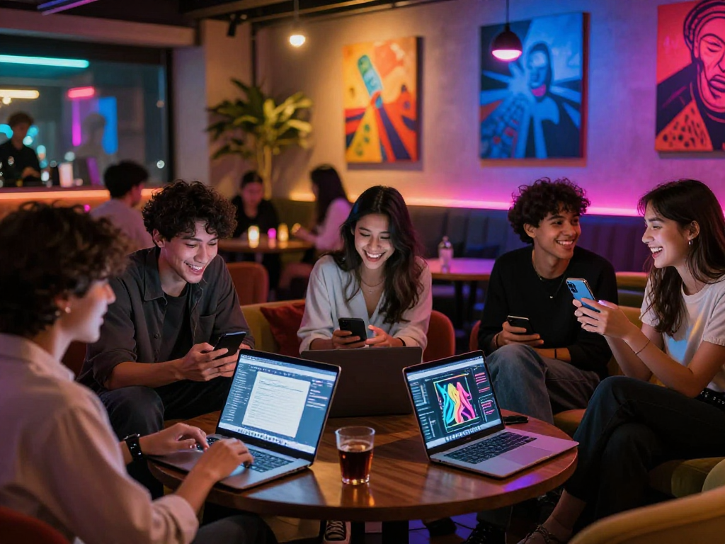 Young adults exploring innovative nsfw ai applications in a vibrant urban lounge.