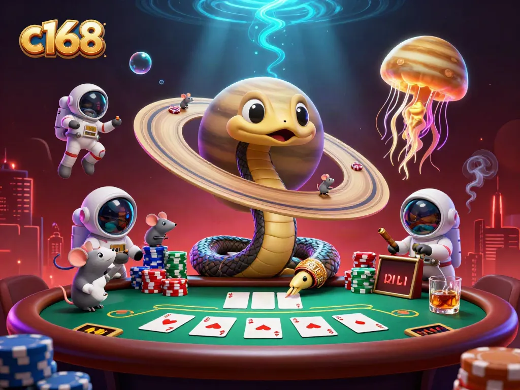 c168 spins the galaxy's roulette with mice betting and a jellyfish dealer, vibrant casino scene