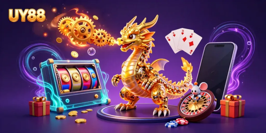 Experience thrilling gameplay with UY88's 3D dragon and casino elements in vibrant illustration.