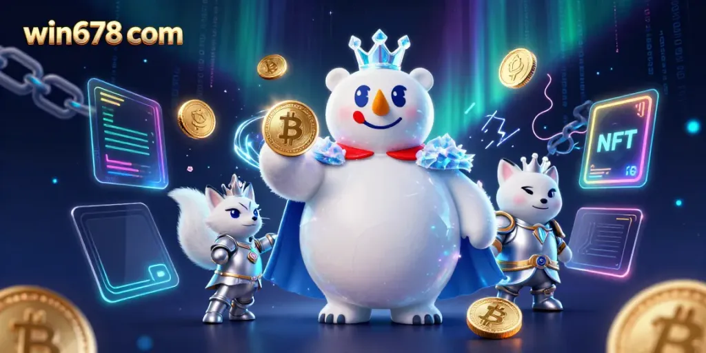 Experience thrilling gaming with win678 com featuring a cartoon ice king polar bear and crypto elements.