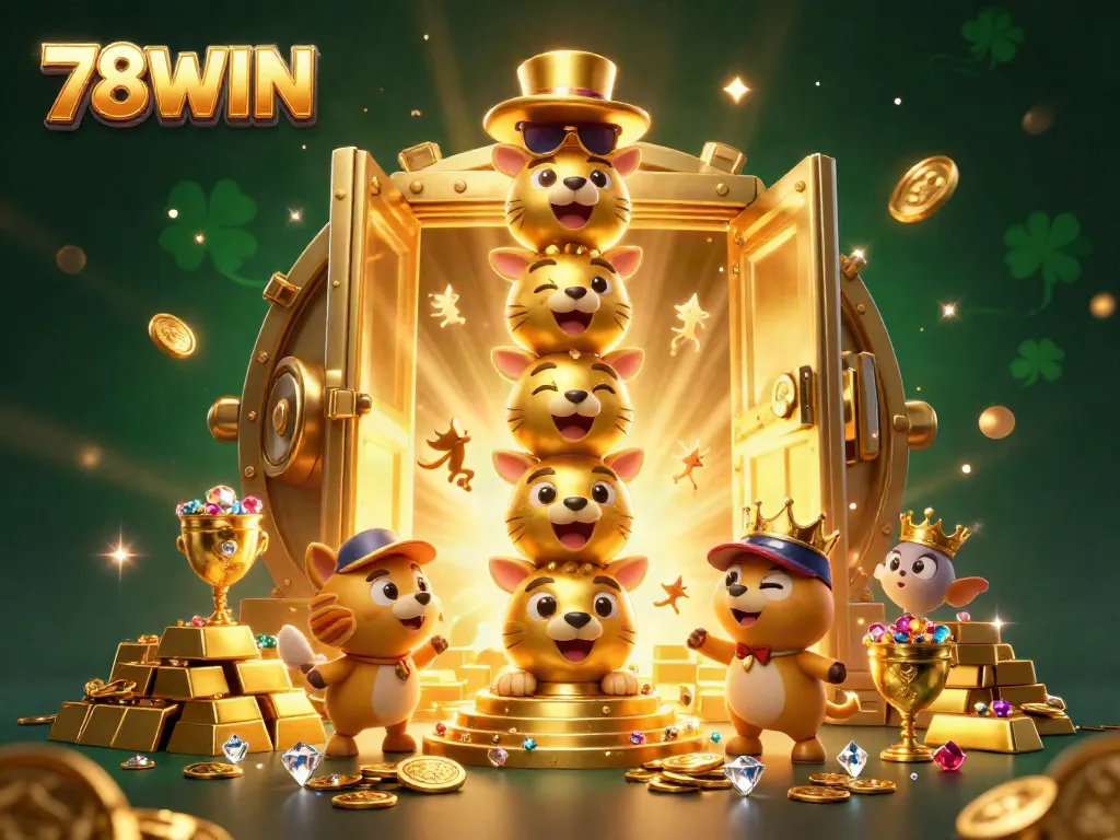 Experience excitement with 78WIN's dynamic casino-themed illustration featuring golden totem poles and treasure elements.