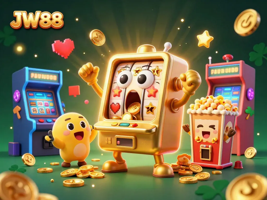 JW88 slot machine celebrating a jackpot, surrounded by game elements and gold coins, in a vibrant casino scene.