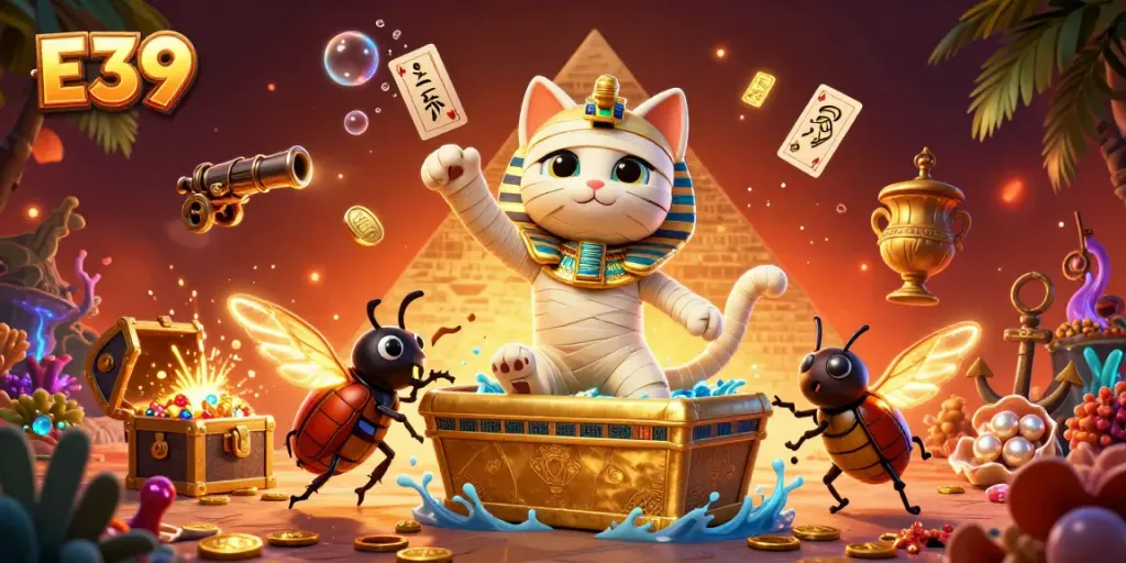Experience E39's thrilling gameplay with a mummy cat and scarab beetle in a vivid casino illustration.