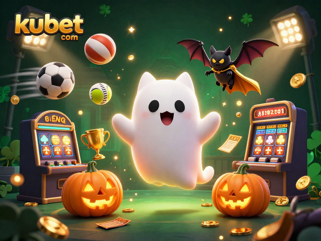 Engage with kubet com in a vibrant casino scene featuring a ghost cat and a vampire bat.