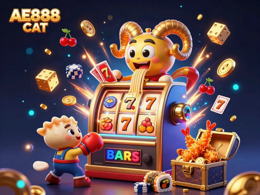 Engage with AE888 CAT in a thrilling jackpot scene featuring vibrant slot machines, animated characters, and dynamic casino elements.