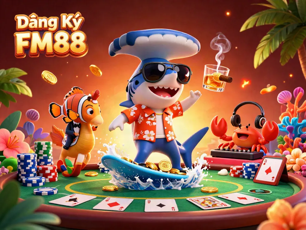 Engage in exciting gameplay at Đăng Ký FM88 with a dynamic scene of winning poker surrounded by vibrant characters.