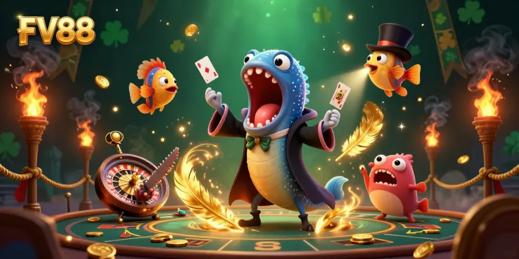 Experience thrilling card tricks and magic with FV88 in this vibrant 3D casino scene