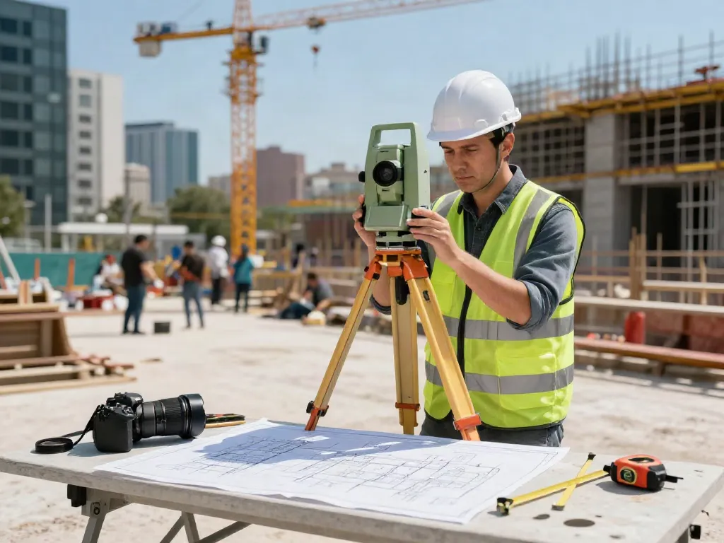 Measured Surveyors London conducting surveying tasks on a construction site with equipment, drawings, and urban background.