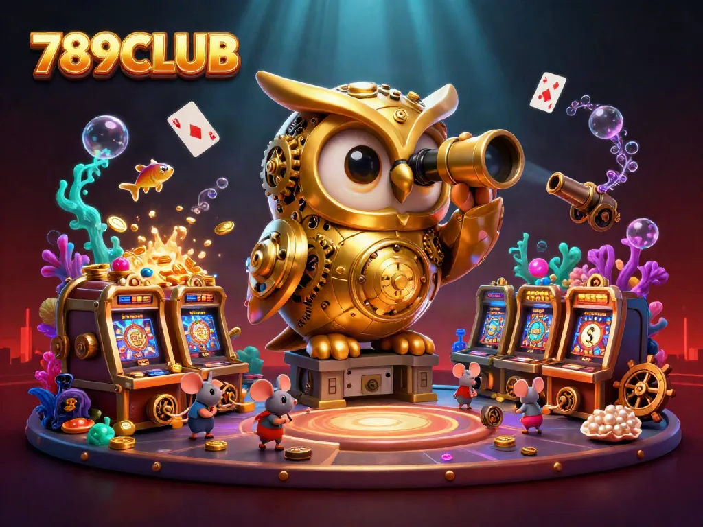 Experience excitement with 789CLUB as the golden owl oversees a vibrant casino scene filled with playful elements.