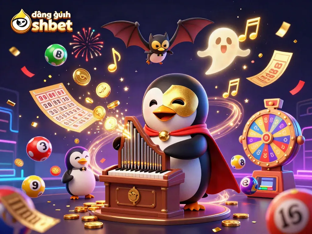 Experience the exciting đăng nhập shbet with a whimsical casino scene full of animated characters, lottery balls, and festive elements.