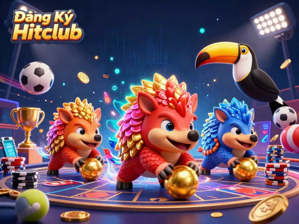 Engage in Đăng Ký Hitclub with playful pangolins, poker chips, and vibrant sports elements in a dynamic casino scene.