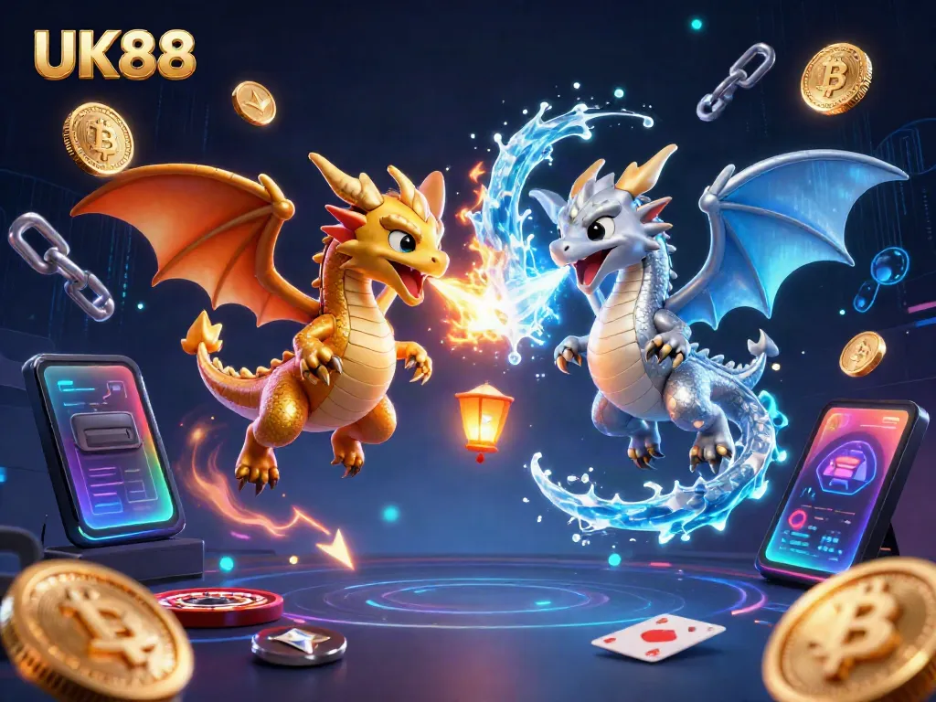 Witness UK88's thrilling gaming experience with twin dragons and crypto elements in this vibrant casino illustration.
