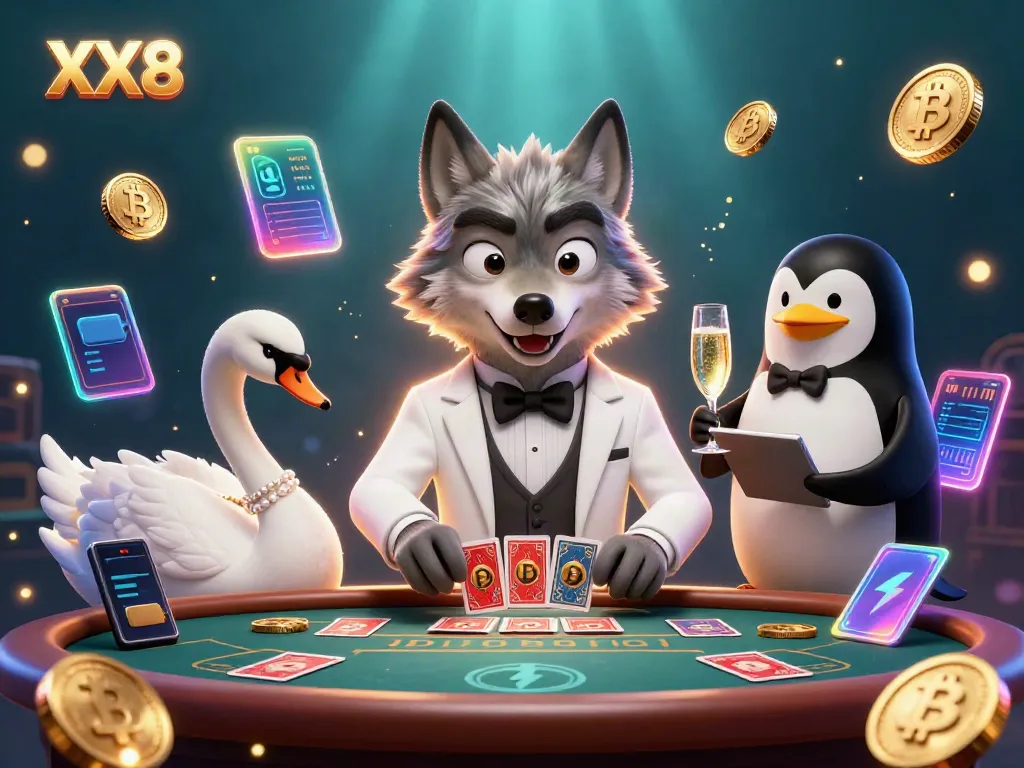 Experience the excitement of XX8 casino with animated characters engaging in baccarat and showcasing digital currencies.