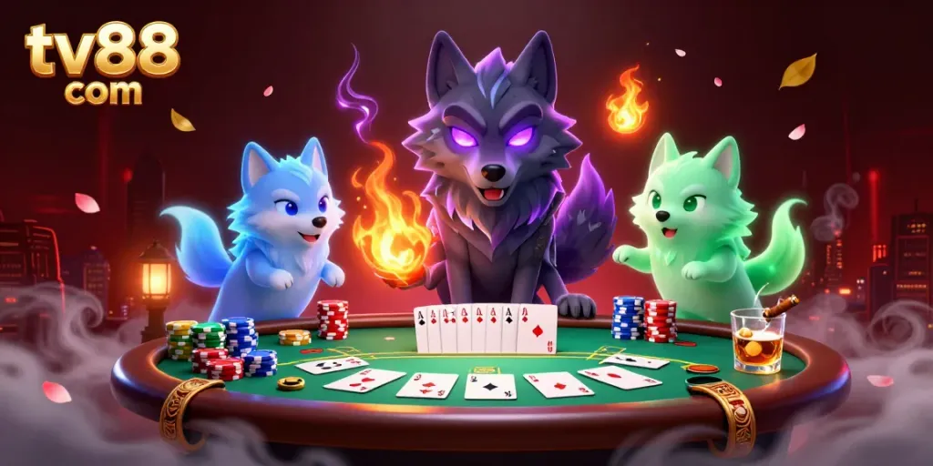 Experience the thrill of poker with tv88 com's vibrant casino atmosphere featuring shadow wolves and chips.