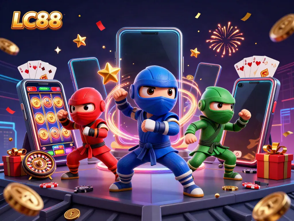 LC88 chameleon team showcasing dynamic casino action with slot games and festive elements.