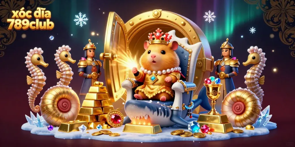 Experience the excitement of xóc đĩa 789club with a lavish 3D illustration showcasing a hamster king on a megalodon throne.