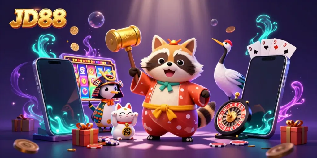 Join the festive atmosphere of JD88 with a tanuki and maneki-neko amidst vibrant casino elements.