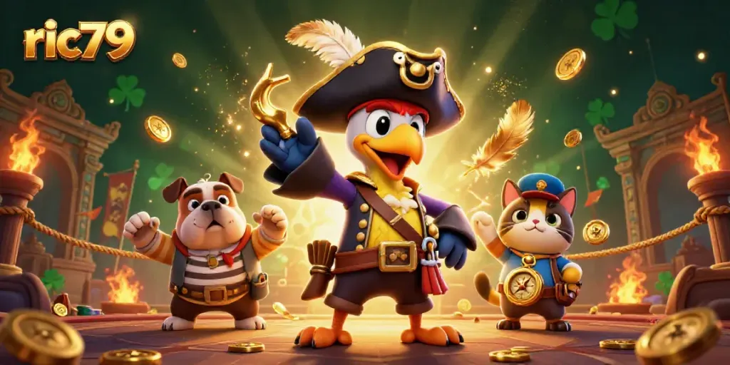 Engage in thrilling betting battles with ric79 in this vibrant casino scene featuring dynamic characters and golden treasures.