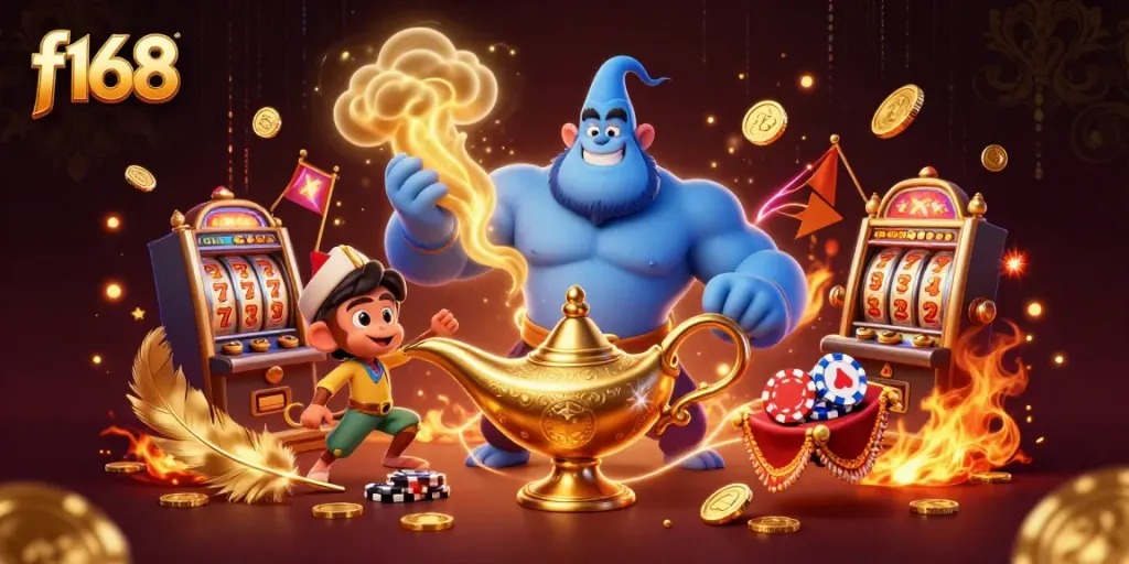 Experience the thrill of f168 slots with a colorful genie, monkey, and buzzing action.