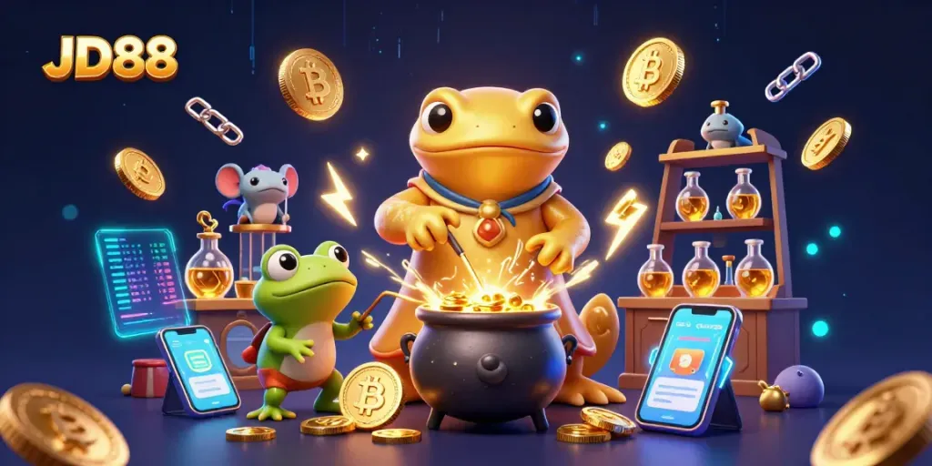 Spin to win at JD88 with a magical 3D casino illustration featuring alchemy and crypto