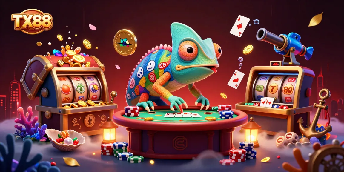 Engage in the vibrant TX88 casino scene with dynamic slot games and a chameleon host that captures all the excitement.