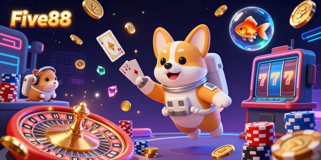 Experience thrilling gameplay at Five88 in a vibrant space station casino with cosmic elements.