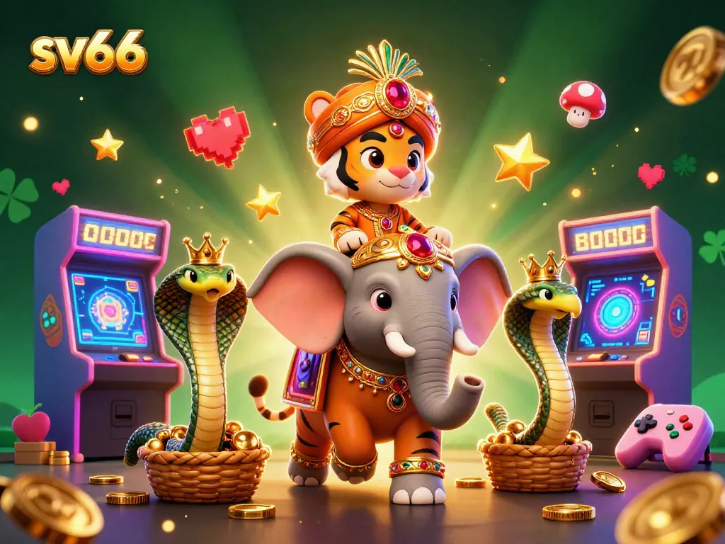 Engage with sv66 in this vibrant casino scene featuring a tiger maharaja and jewel elements.