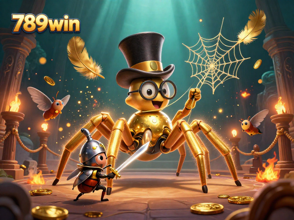 Engage with 789win's lively gaming scene featuring a golden tarantula and courageous beetle knight.