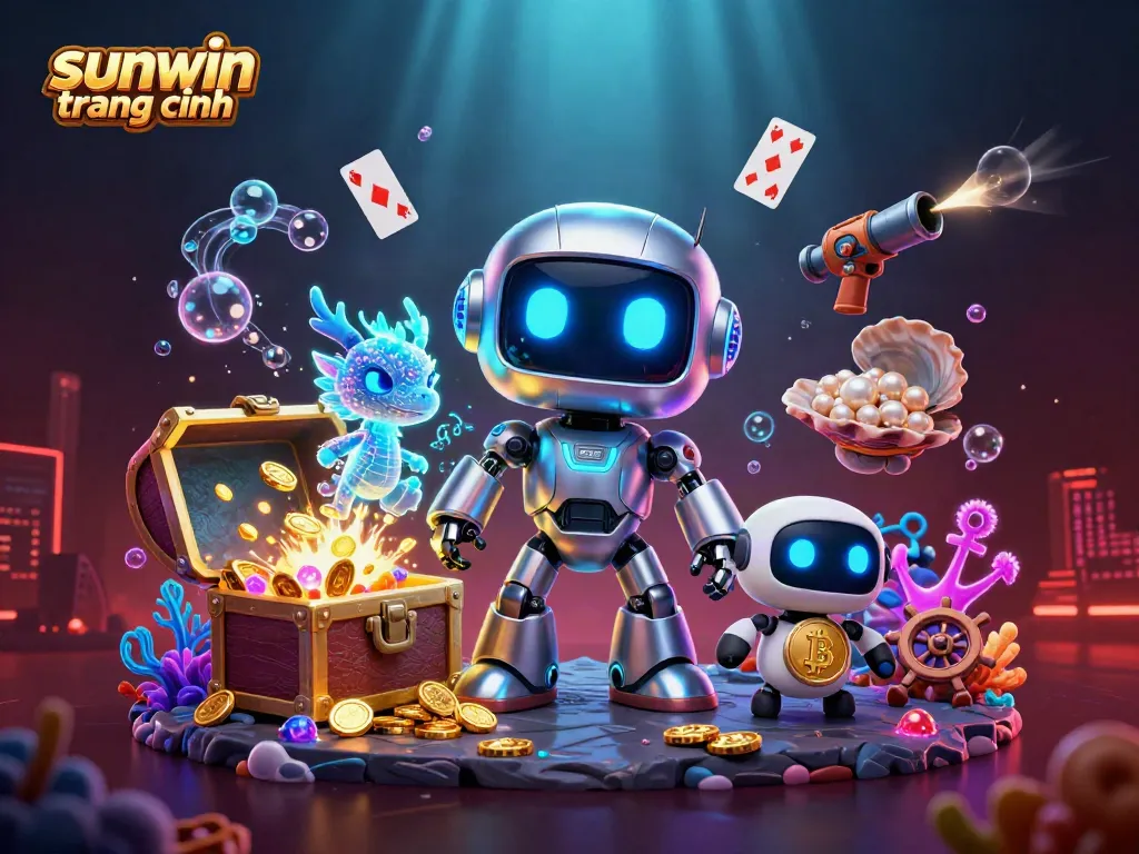 Experience sunwin trang chính with vibrant 3D characters amidst a rich casino environment filled with treasure and glow.