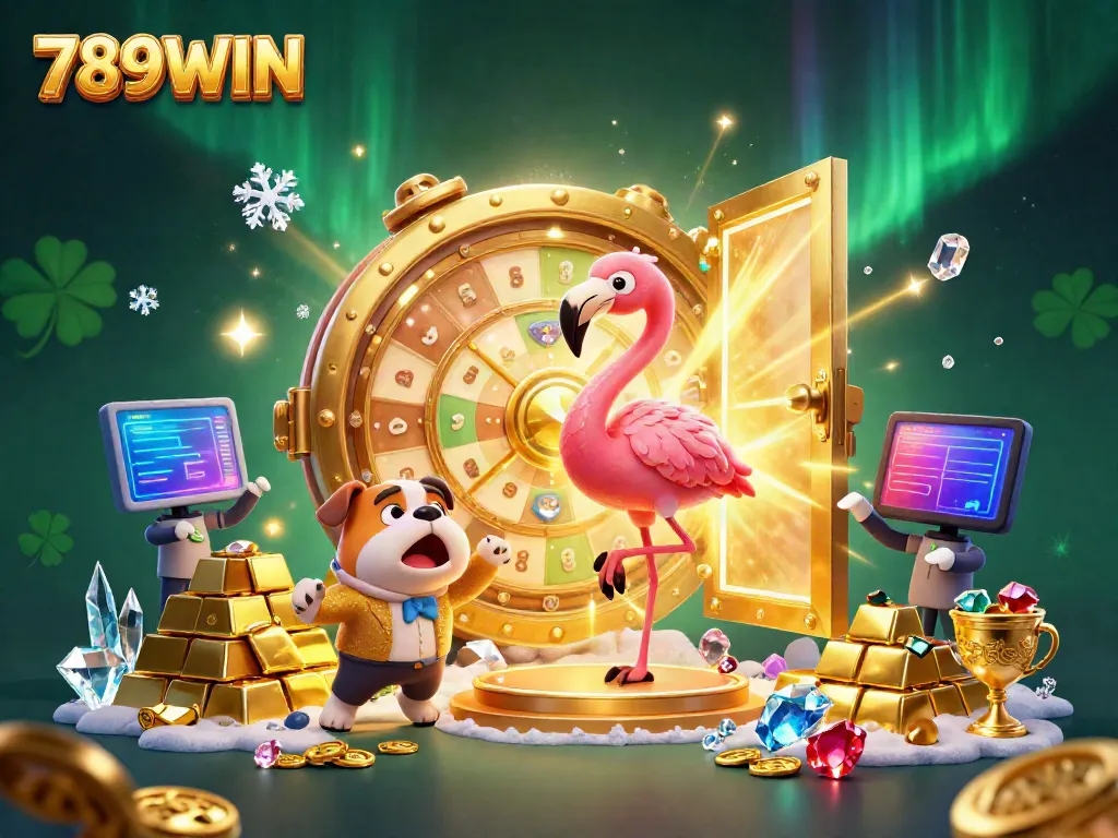 Join the excitement at 789WIN with cartoon characters spinning prizes and surrounded by gold treasures!
