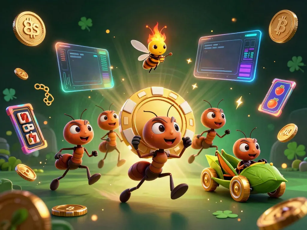 Engaging 3D depiction of ants executing a heist with a golden poker chip in a vibrant casino scene featuring 8S elements.