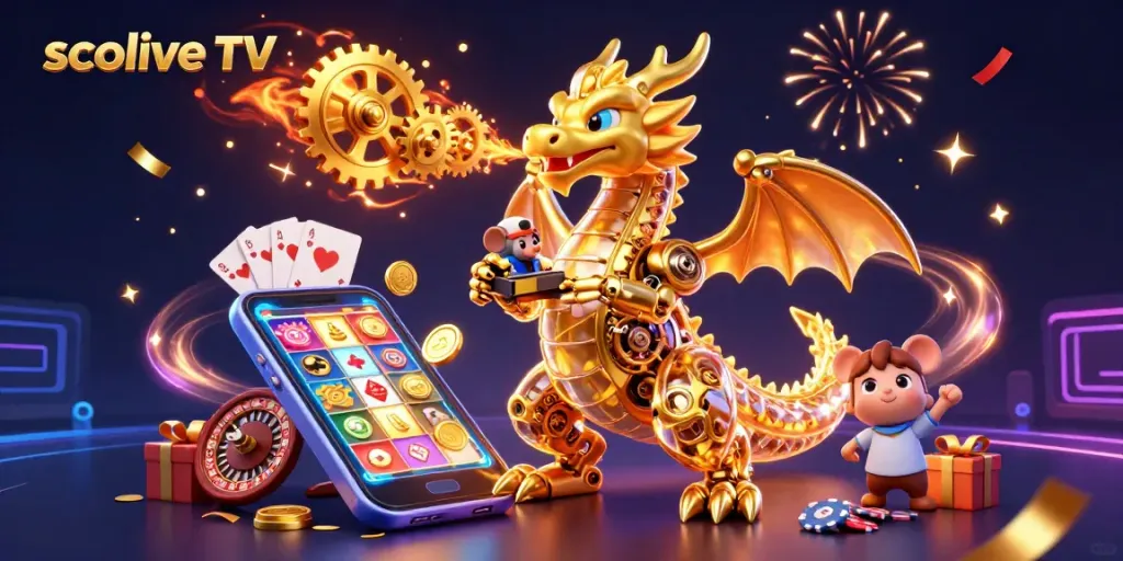 Experience socolive TV's excitement with a golden dragon and vibrant gaming elements!