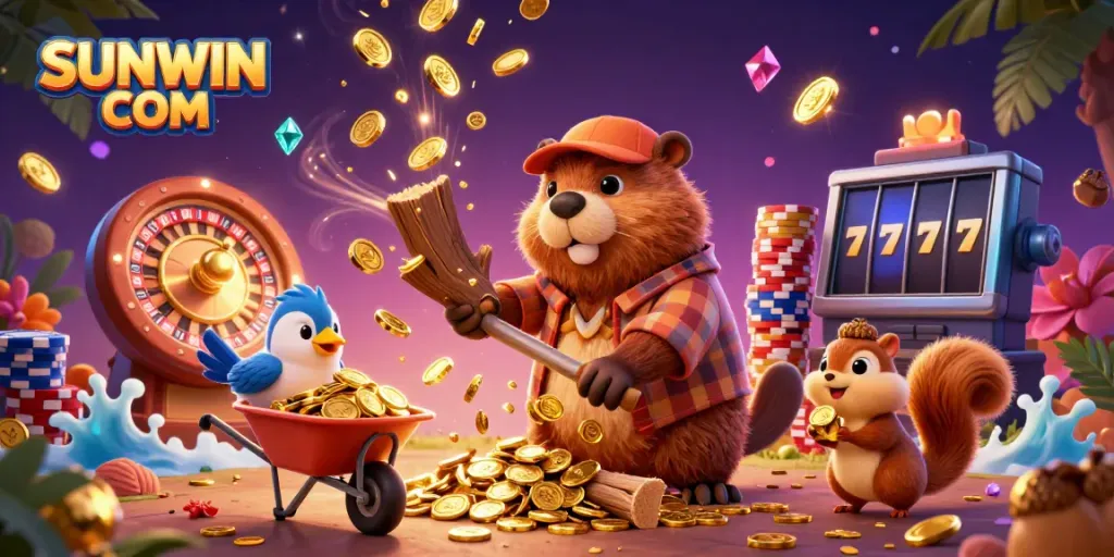 Experience thrilling gambling adventures with SUNWIN COM in this vibrant 3D illustration.