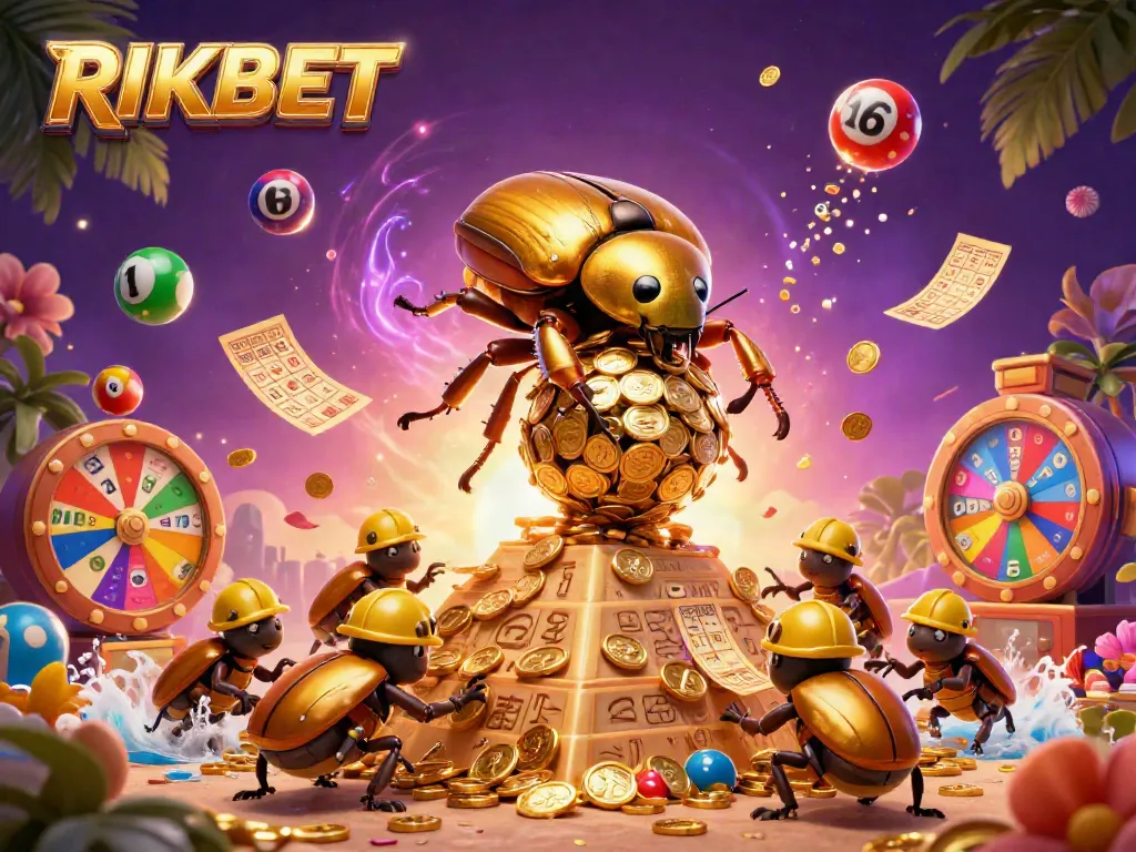 Engage with RIKBET’s vibrant gaming experience as golden beetles roll coins amidst dynamic casino elements.