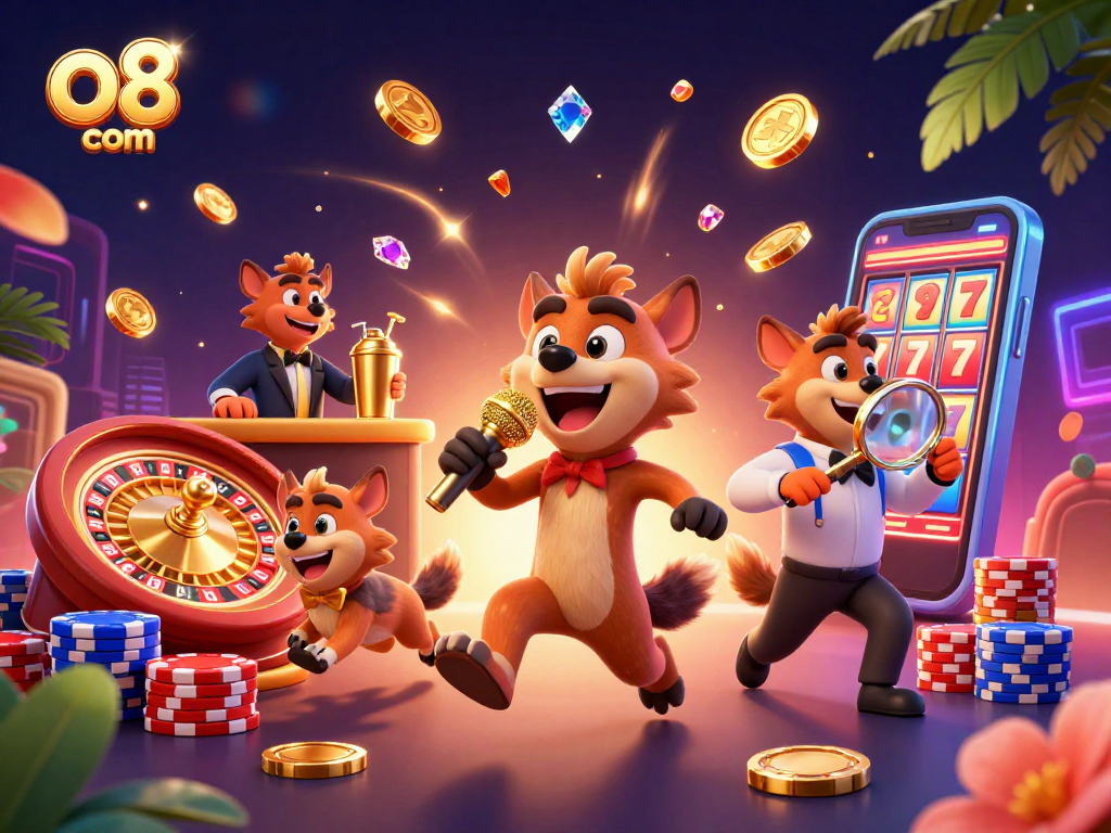 Experience thrilling gaming at o8 com with our lively 3D casino scene featuring hyena characters.