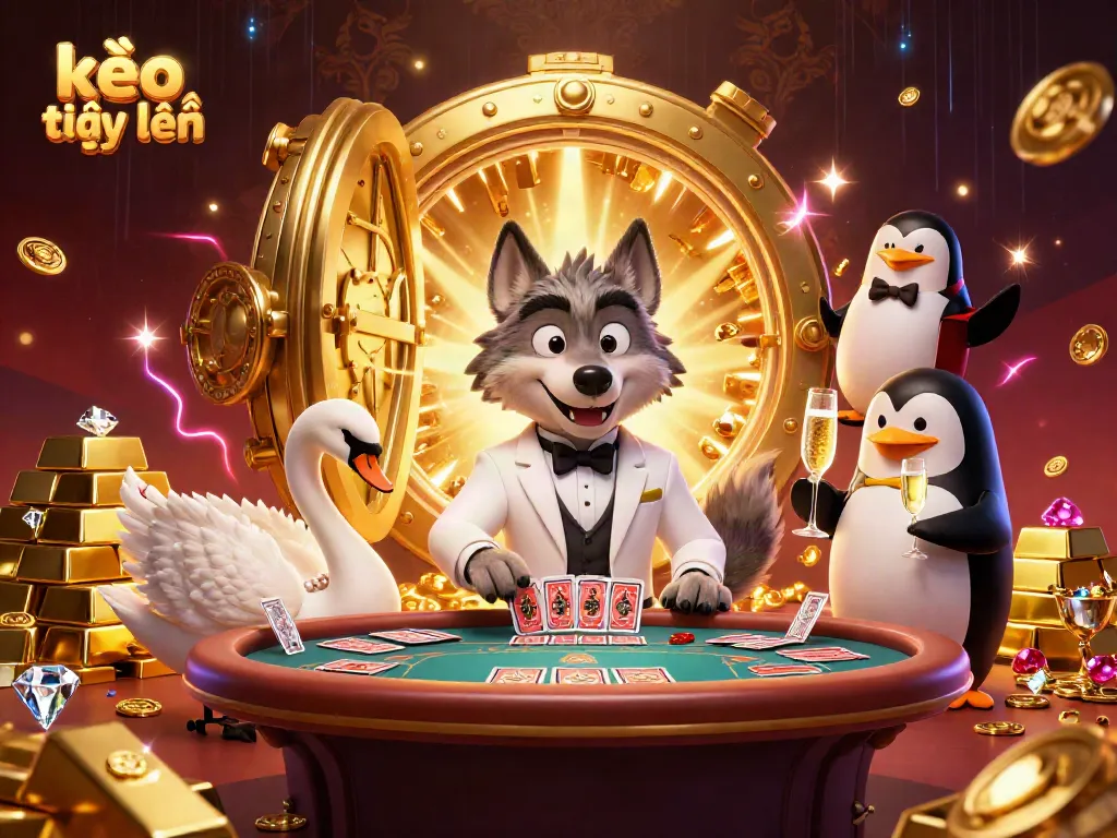 Experience kèo trực tuyến with lively characters at a baccarat table surrounded by riches and excitement.