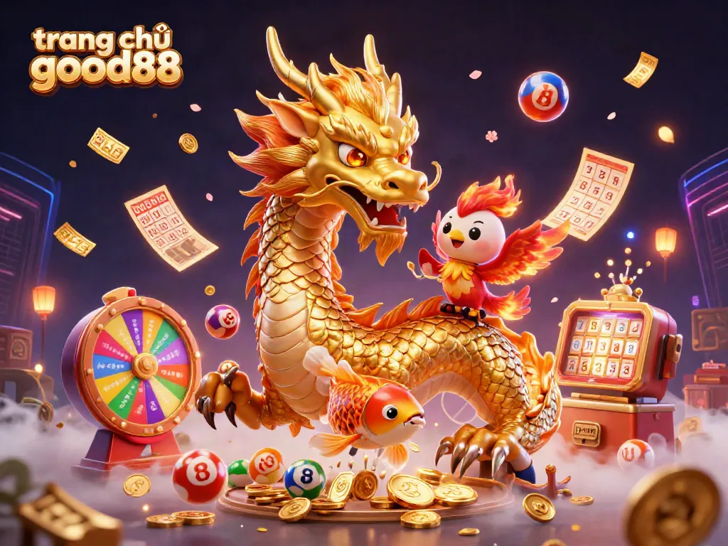 Experience the excitement of gameplay at trang chủ good88 with vibrant casino illustrations of dragons, phoenixes, and gaming elements.