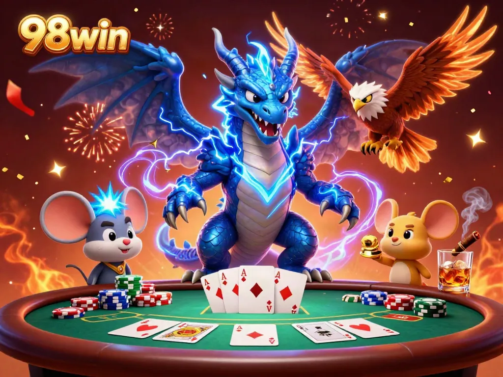 Engage in thrilling poker action with 98win's electric gaming atmosphere filled with dynamic characters.