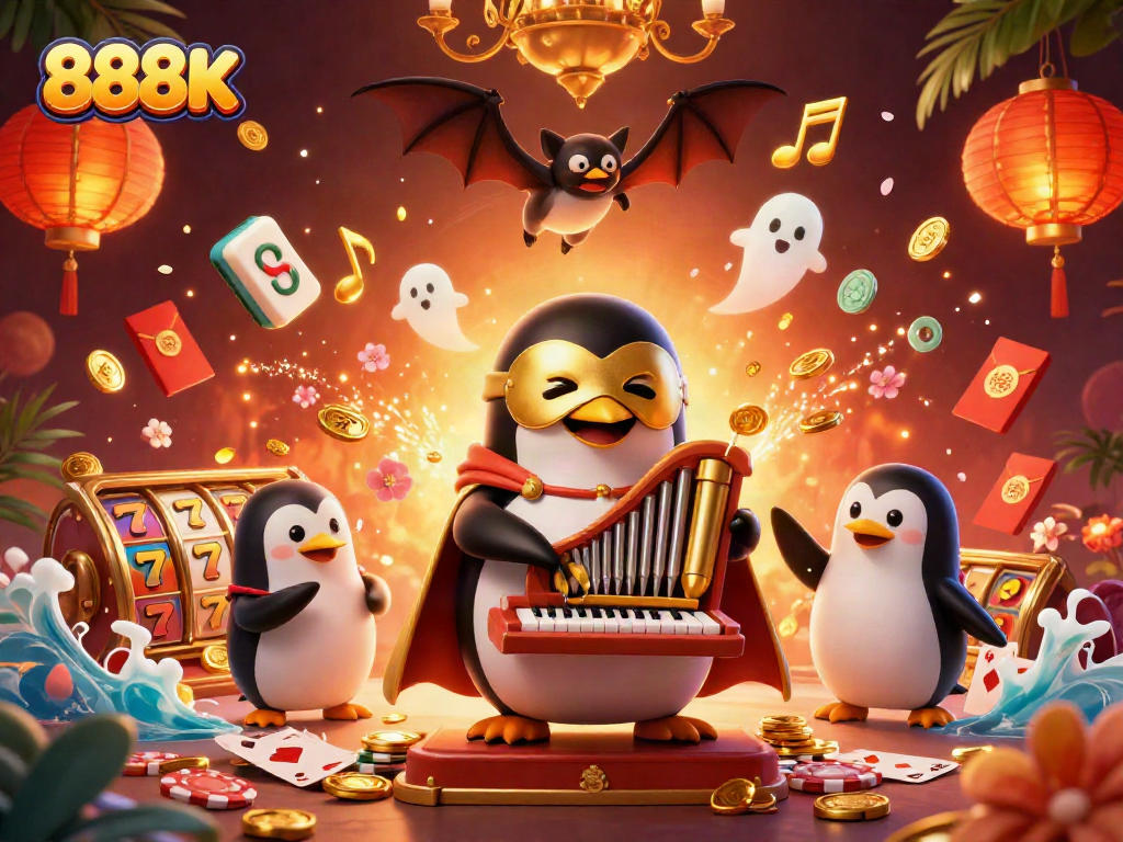 Experience amazing wins with 888K in this vibrant casino-themed illustration featuring a unique penguin character.