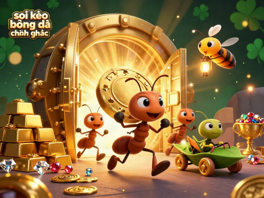 Sparkling scene depicting the excitement of sports betting with "soi kèo bóng đá chính xác" theme, featuring cartoon ants and gold.