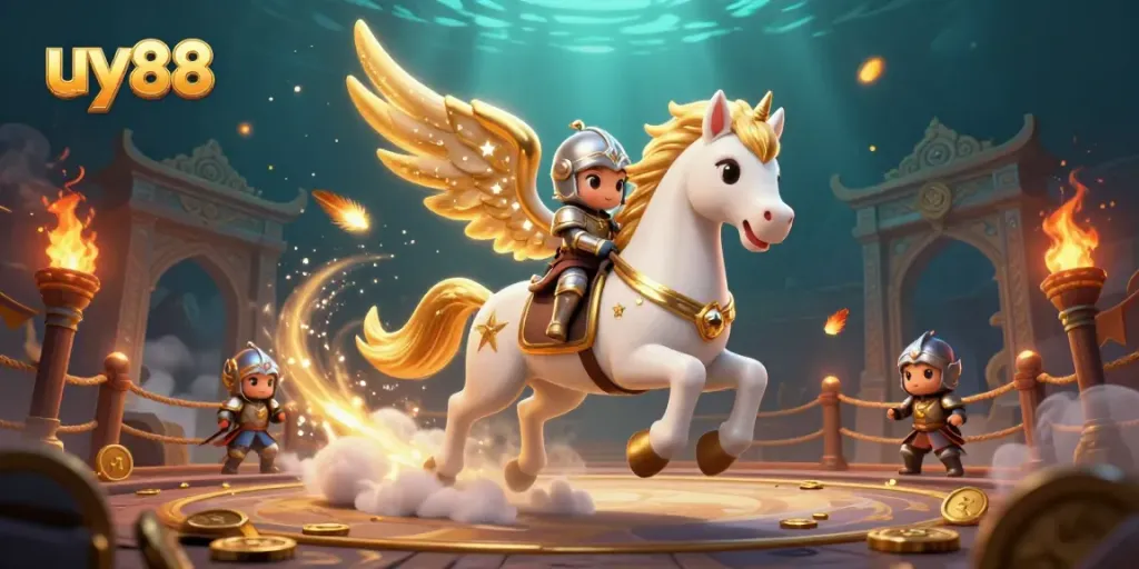 Experience thrilling wins with uy88, an action-packed casino scene illustrating a celestial horse and knight amidst gaming elements.