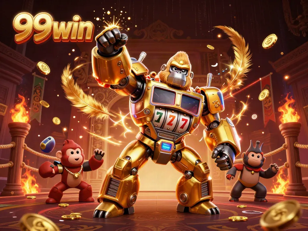 Experience thrilling gaming action with 99win in a vibrant, dynamic 3D casino scene featuring captivating elements.