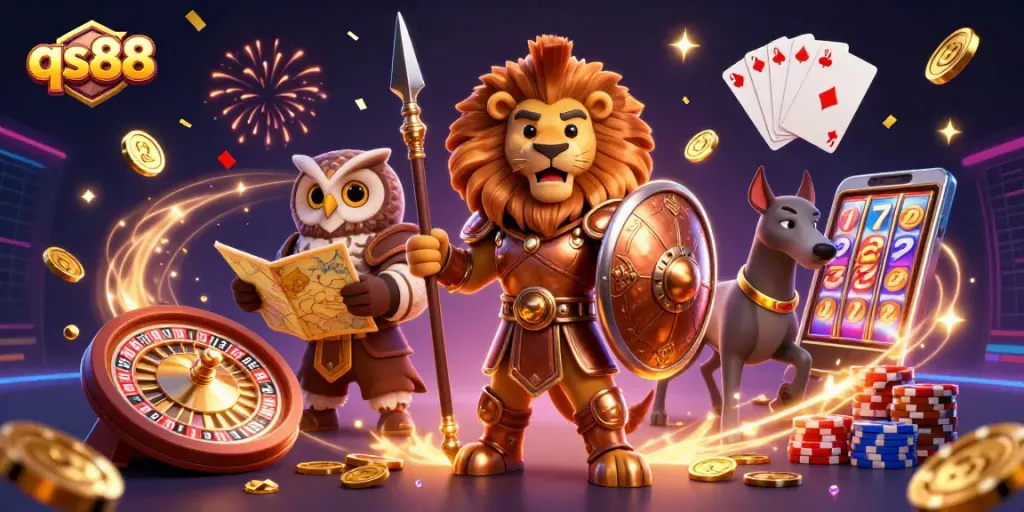 qs88 players enjoying a dynamic casino experience amid swirling gold coins and vibrant gameplay visuals
