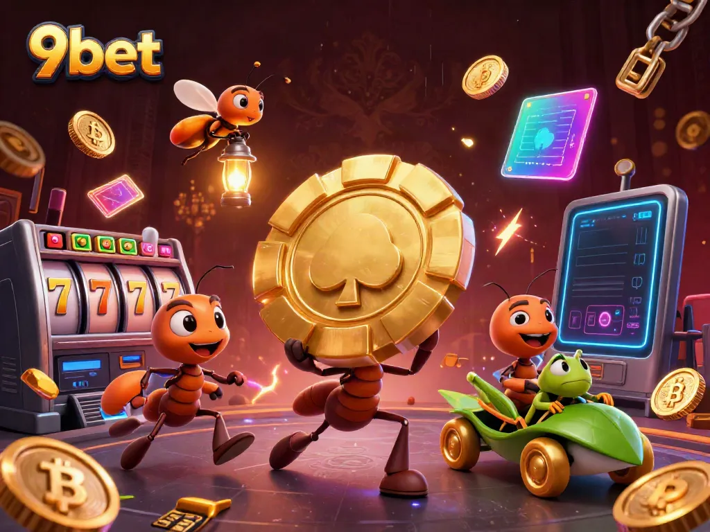 Engaging 3D illustration of ants engaged in a heist featuring a golden poker chip in the vibrant world of 9bet.
