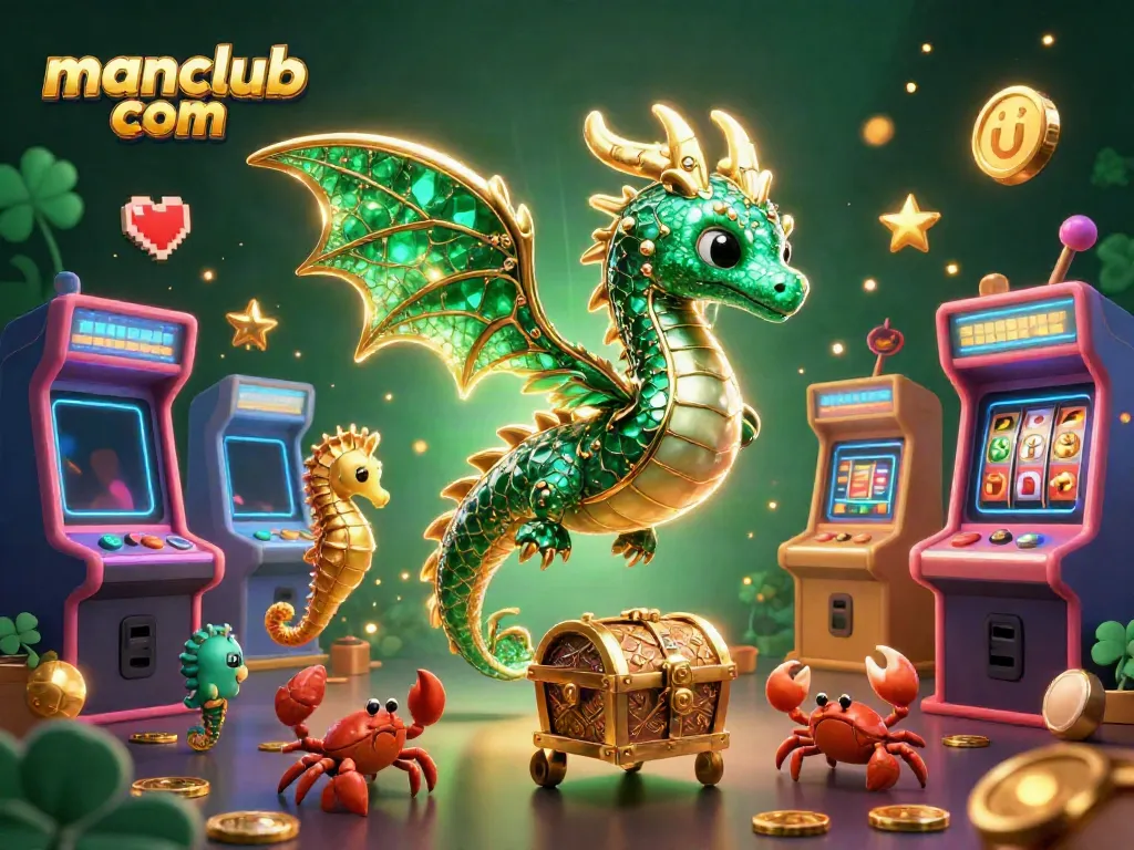 Engage in thrilling gameplay at manclub com with an emerald sea dragon and casino-themed elements.